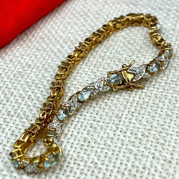 ✨ Vintage Sterling Silver & Gold-Plated Blue Gemstone Bracelet - Picture 1 of 16
